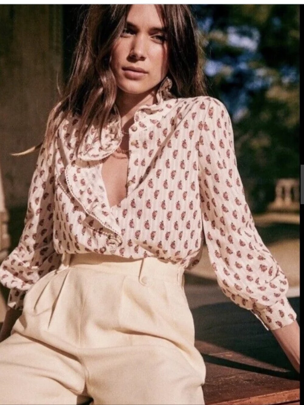 Sezane Chlo Shirt - Floral Ruffle Button-Front Blouse